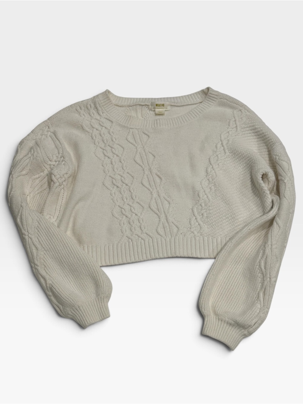 Anthropologie Maeve Cream Cable-Knit Cropped Crewneck Sweater Size Small